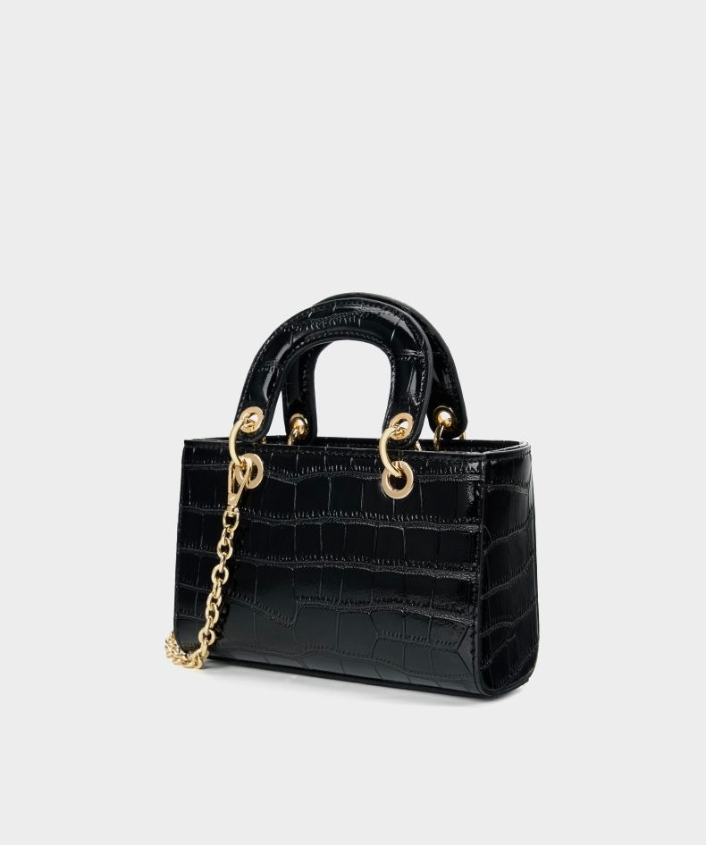 Mini sac à main noir en cuir véritable effet croco