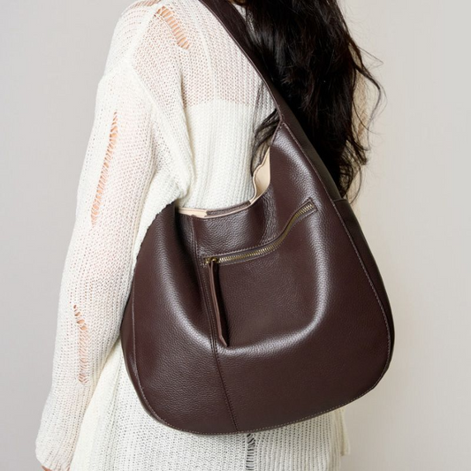 Grand sac à main léger en cuir véritable (noir / café)