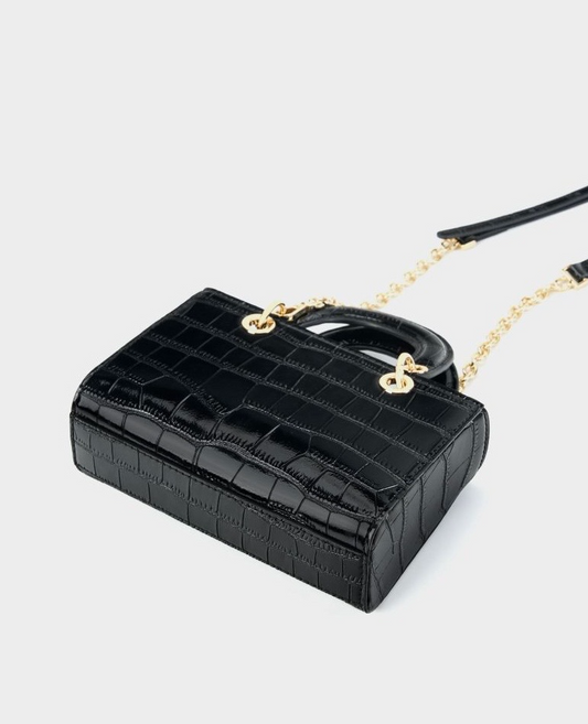 Mini sac à main noir en cuir véritable effet croco