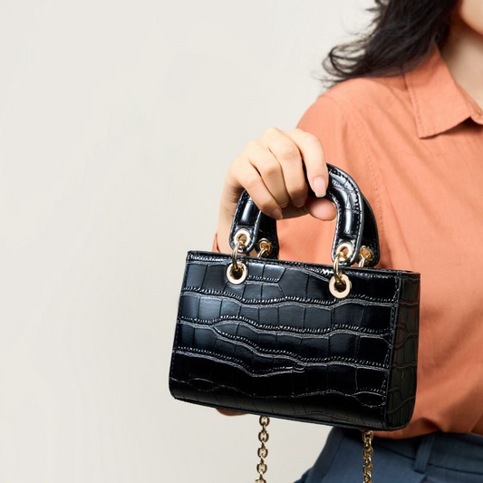Mini sac à main noir en cuir véritable effet croco