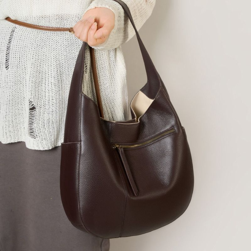 Grand sac à main léger en cuir véritable (noir / café)